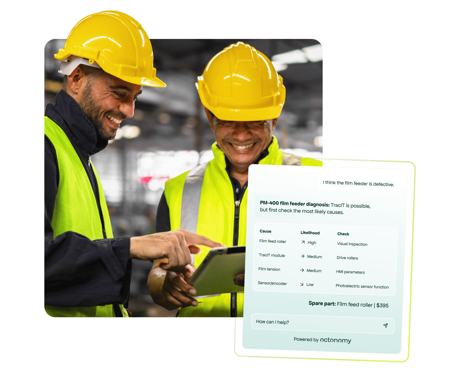 octonomy Field Service Hero Image Two service technicians with a tablet and AI diagnostic interface for field service by octonomy