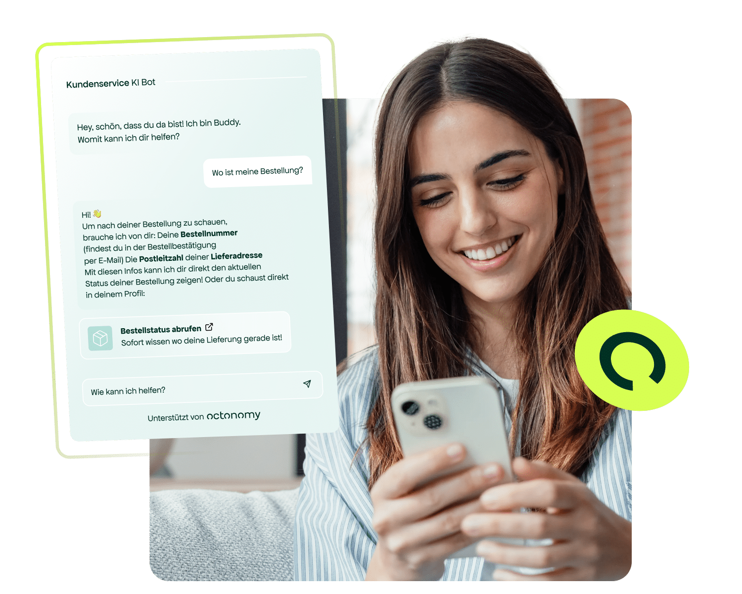 Frau mit Smartphone neben einer Chatbot-Oberfläche für KI-gestützten Kundenservice von octonomy